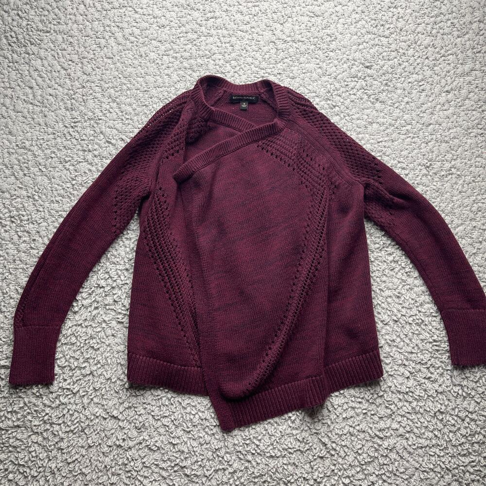 Banana Republic Open Knit Cardigan Womens Small Burgundy Wrap Front Grandma